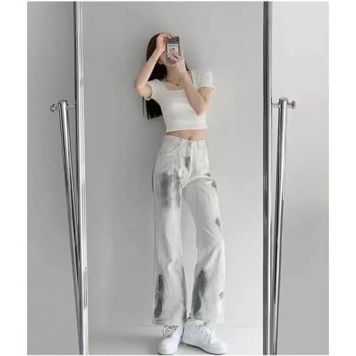 2021 Jean european and American design tie dye ink splashing jeans womens high waist retro straight leg pants джинсы