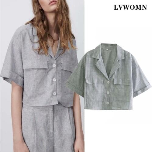 LVWOMN Short Women Shirts 2021 Za New Loose Short Sleeve V neck Stripes Button Fashion Top Blouse Women Shirt Office Tops Chic