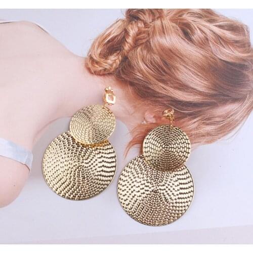 Women fashion Big Earrings round circle ethnic style Clip On Earrings Without Piercing Statement Geometric Fashion earrings