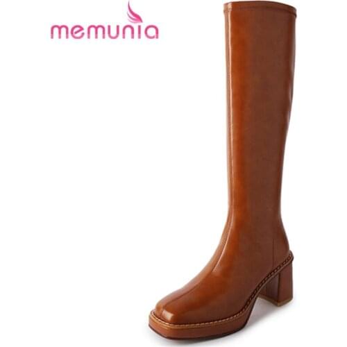 MEMUNIA Genuine Leather Shoes Platform High Heels Knee High Boots Retro Hand Made Female Boots Spring Autumn Casual High Quality