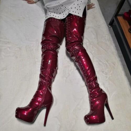 FGHGF Womens over-the-knee boots, sexy high-heeled womens over-the-knee boots, 16cm blue patent leather rivet boots