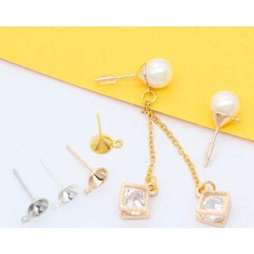 100p Gold silver plated Metal Blank Cup Peg Ear stud Post Earrings findings Ear Nail pin with 5/6/8mm setting&loop jewelry craft