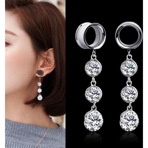 2pieces Stainless Steel Ear Tunnels Plugs and Tunnels Dilataciones Oreja Expansiones Oreja Ear Piercing Gem CZ Crystal Dangle