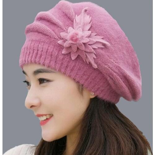 2018 winter rabbit fur Ski Cap hat female Beanie with one pieces flowers winter wool Cap for ladies Hot sale clothing set