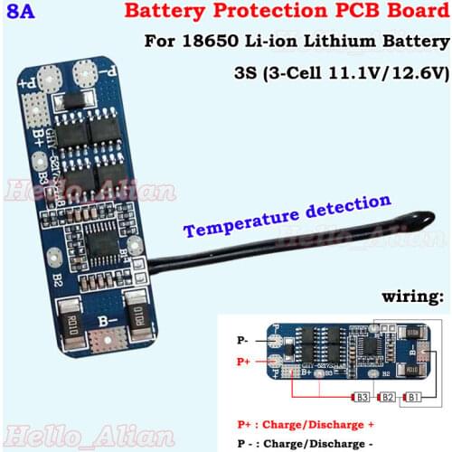 8A 11.1V 3S Cell Li-ion 18650 Lithium Battery BMS Circuit PCB Protection Board With temperature control protection