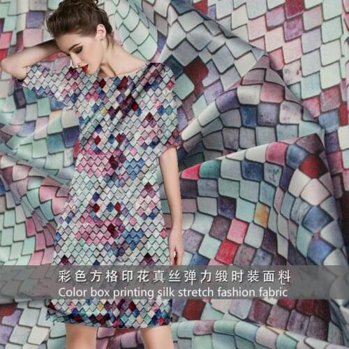19mm 95% natural silk 5% spandex cube print silk elastic stain fabric for spring and summer skirt shirt dress DIY fashion cloth