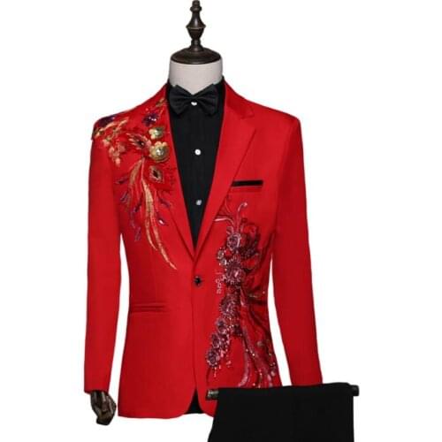Blazer men red suit set with pants mens wedding suits costume singer star style dance stage Sequins clothing formal dress