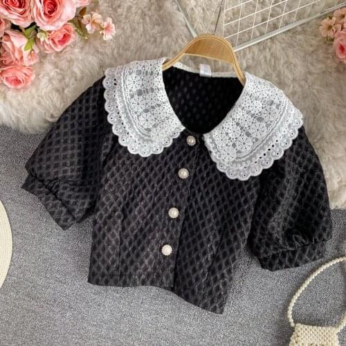 Korean French Lace Hit Color Patchwork Peter Pan Collar Blouse Causal Korean Short Women Shirt 2021 Summer Puff Sleeve Crop Top