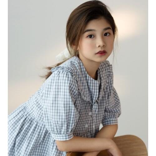 8 To 16 Years, Kids Preppy Style Dress 2021 New Girls Summer Dress Plaid Cotton Children Clothes Baby Teen Dress Fresh,#6094