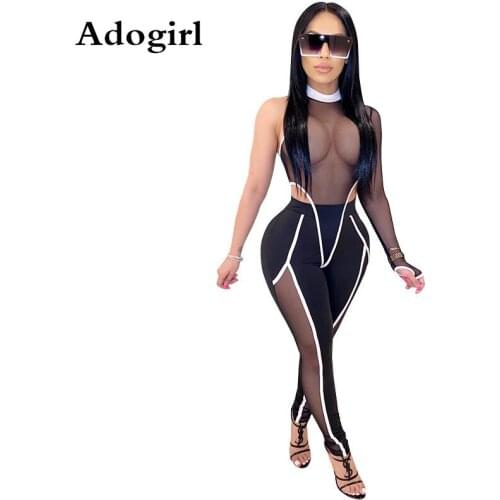 Color Trim Patchwork Two Piece Set Sheer Mesh See Through Bodysuit One Shoulder Long Sleeve Romper+Pencil Pants Night Club Suits