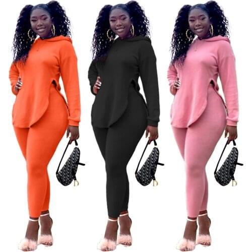 Active Wear Casual Womens Set Long Sleeve Hooded Split Side Tops Jogger Pants Tracksuit Two Piece Set Fitness Outfits S-XXL