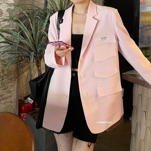 Korean Casual Trend Women Lapel Single-breasted Leather Label Loose Fashion Pink Long-sleeved Blazer Autumn 2021