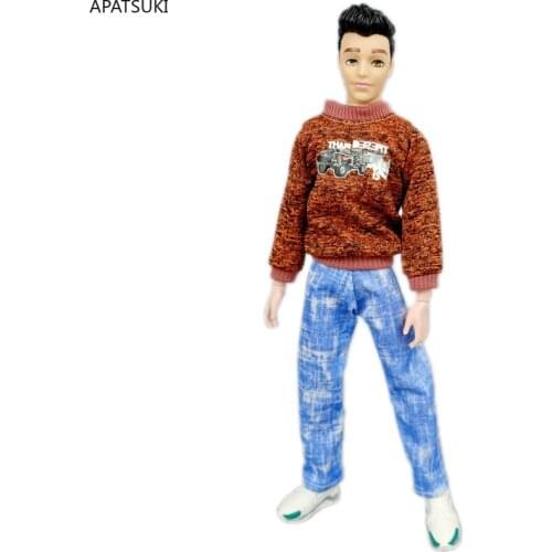 Brown 1/6 Boy Doll Clothes For Ken Doll Outfits Coat & Denim Trousers Pants For Barbies Boyfriend Ken Prince Accessories Toys