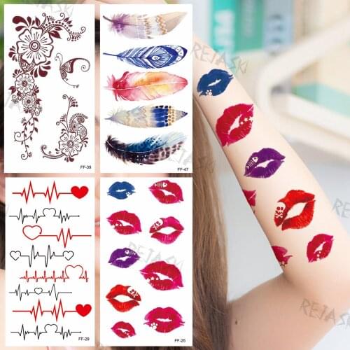 Colorful Lips Temporary Tattoos For Women Children Realistic Feather Lace Cardiogram Fake Tattoo Sticker Sexy Arm Tatoos Bouquet