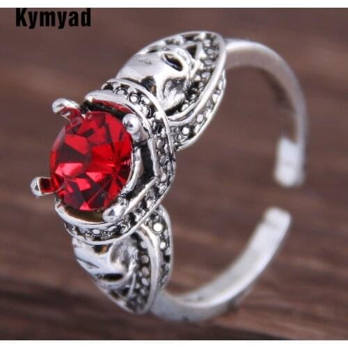 Kymyad Korean Trendy Vintage Red Stone Rings For Women Bijoux Antique Silver Ring Jewelry Hip Hop Rock Rings Punk Open Ring