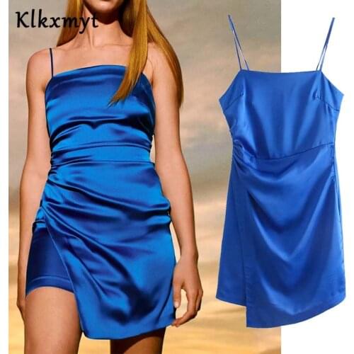 Klkxmyt Za 2021 Summer Dress Women Satin Mini Sling Dresses Woman Ruched Backless Strap Asymmetric Hem Sexy Party Vestidos
