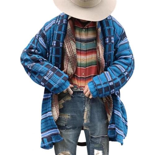 Sweater Coat Autumn Winter Casual Men Cardigan Trendy Vintage Warm Open Front Plaid Printed Knitted Cardigan Men Plus Size