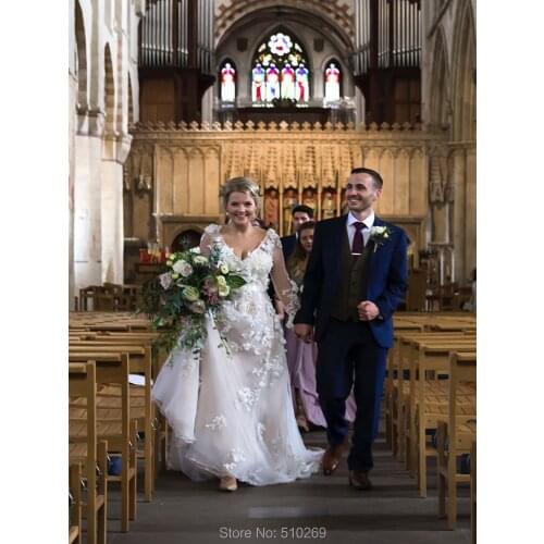 A Line Custom Made Wedding Dresses V Neck V Back Long Sleeve Organza Flower Bridal Gowns Robe De Mariee Vestido De Noiva