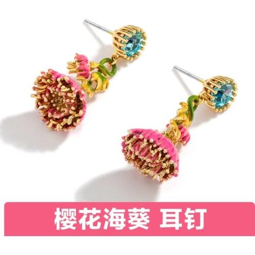 New Shangxin Sea Anemone Silver Needle Stud Earrings Hand-painted Enamel Pink Flower Earrings Earrings Without Piercing Ear Clip