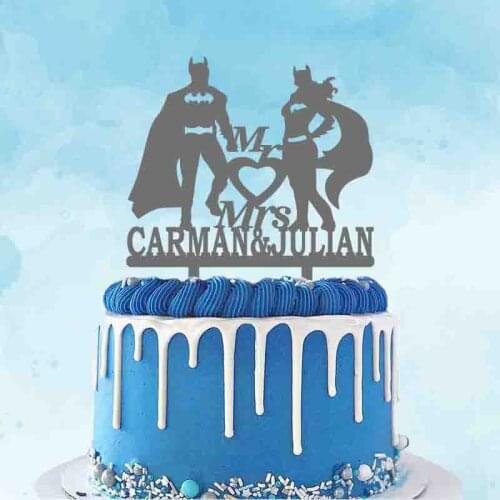 Personalized Bat Man Wedding Cake Topper Custom Couple Name Superhero Bat Man and Bat Girl Wedding Party Cake Decoration Topper