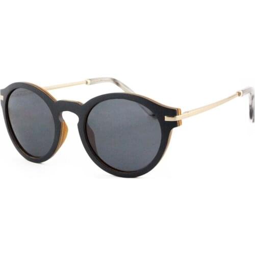 Dropshipping High Quality Classic Vintage Polarized Men Metal Temple Ebony Wood Laminated Round Sunglasses