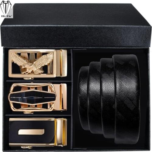 Luxury Boxed Black Genuine Leather Mens Belts High Quality 3 Automatic Buckles with One Ratchet Strap Set for Dress Jeans Gift