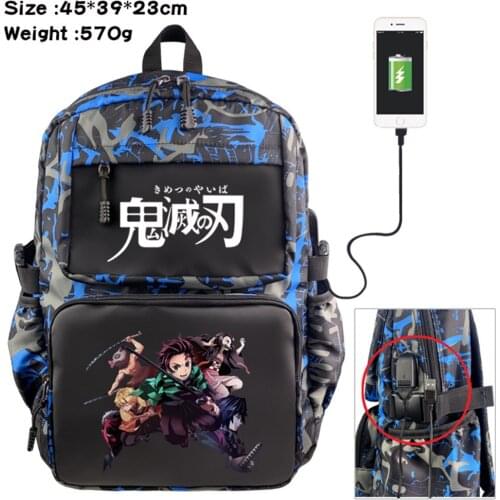 Cartoon Backpack Anime Demon Slayer Nylon USB Schoolbag Student Casual Teenger Travel Knapsack Laptop Bag Zipper Bookbag