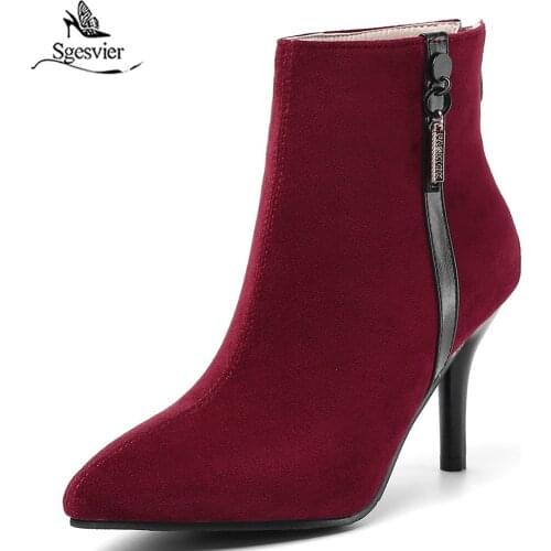 Sgesvier 2020 Winter Warm Fur Ankle Boots Suede Pointed Toe Women Shoes Fashion Thin Heel Zipper Short Boots Size 32-46 G677