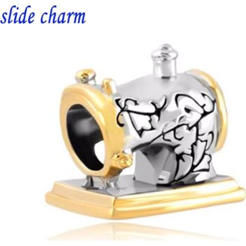 Slide charm wholesale Free shipping Sewing Machine Lucky Charms Bracelets Two Tone Antique Vintage fit Pandora bracelet
