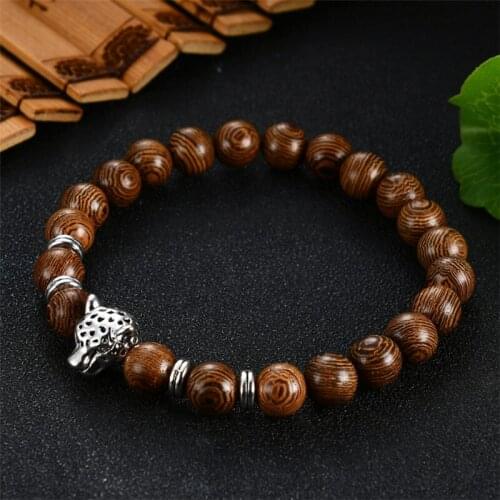 Trendy Popular 8mm Wenge Wood Beads Bracelet For Women Men Leopard head Bangles Jewelry Gift