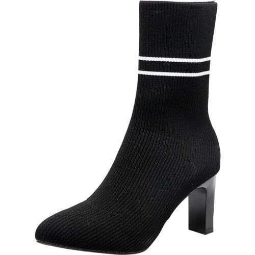 Pointed Toe Breathable Flying Woven High Heel Stretch Boots Fabric Shaped Heel Socks Shoes Cheap Womens Boots