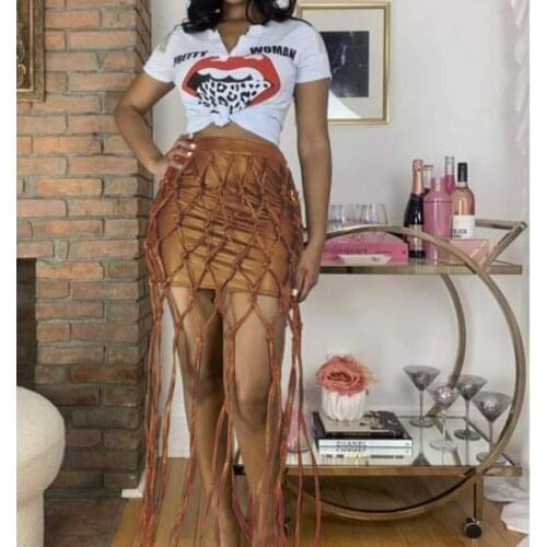 2021 Summer Womens Sexy Womens Skirt, Fringed Pu Leather Short Skirt, Mesh Woven Leather Skirt, Sexy Buttocks New