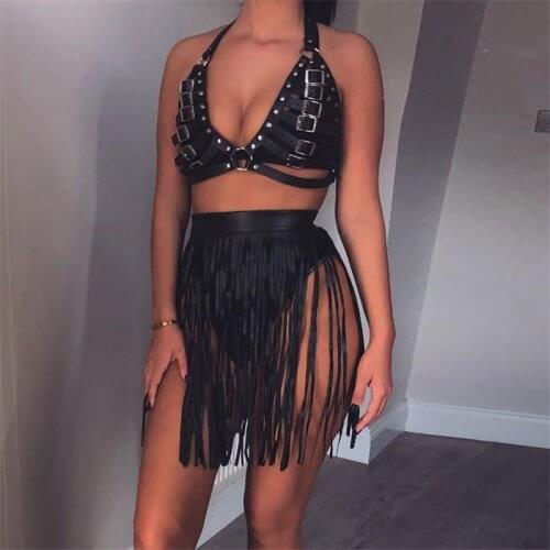 Goth Faux Leather Tassel Skirt Women 2 Pieces Set Bondage Body Harness Bra Matching Suit Stage Street Dance Performance Clothing