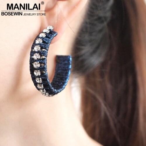MANILAI Trend Rhinestone Yarn Alloy Stud Earrings Women Fashion Jewelry Simple Cuff Ear Geometric Earrings Khaki And Blue Color