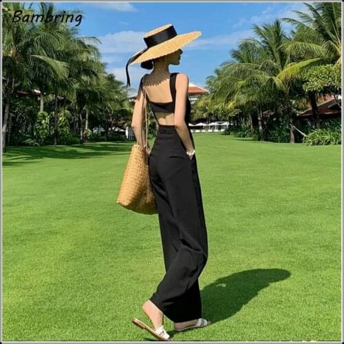 Women Elegant Jumpsuits Long Summer Beach Backless Slim Wedding Rompers Black Office Lady Sexy Spaghetti Overalls Designer New