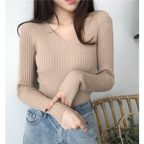 Womens Sweater Spring and Autumn Long-Sleeved Tops for Women Solid Color V-Neck Pullover Slim Females Bottoming Shirt
