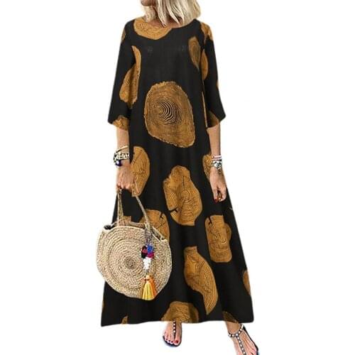 3/4 Sleeve Printing Stylish Long Dress Women O Neck Large Hem Maxi Dress Streetwear