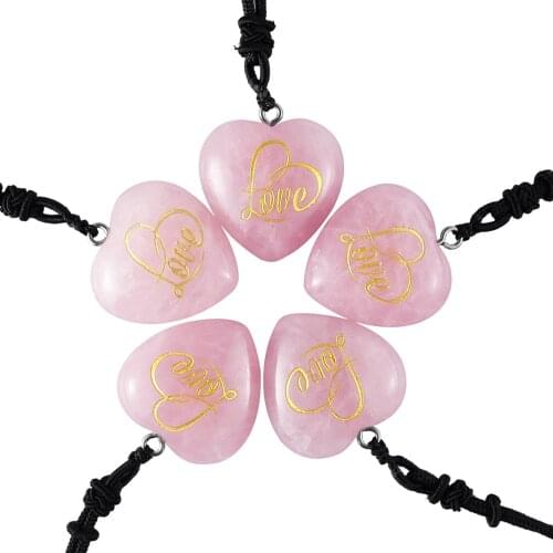 TUMBEELLUWA Heart Carved Natural Chakra Crystal Pendant Necklace Healing Love Engraved Nylon Cord Women Jewelry