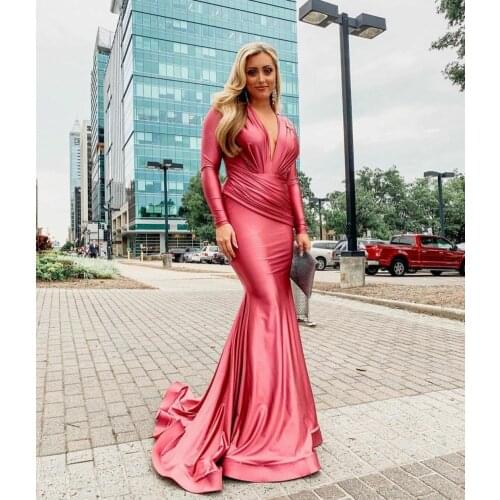 Elegant V-Neck Mermaid Evening Dresses Long Sleeve Zipper Back Sweep Train Pleated Abendkleider Robes de Soirée for Women