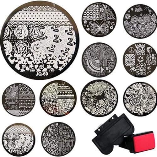 10pcs Nail Art Templates with Scraper Stamping Kits Round Metal Plates DIY Nail Art Tools Manicure Decor Accessories for Beauty