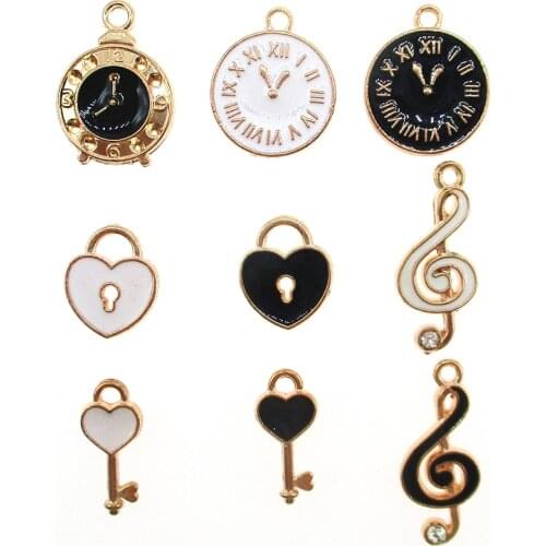 20pcs/lot Clock musical notes key and lock Enamel Charms Bracelet Pendant Charms For DIY Jewelry Making Accessories XL683