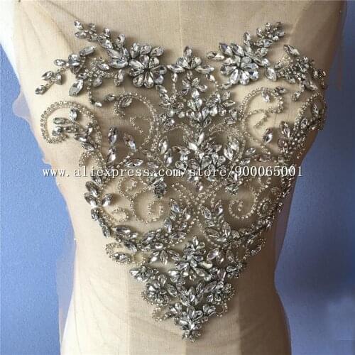 Designer Rhinestone Beaded Full Bodice Applique Crystal Fabric Wedding Dress Applique, Wedding Fabric, Bridal Applique Silver