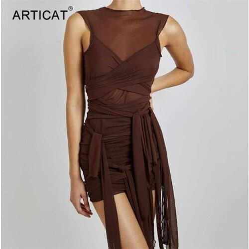 Articat 2021 Spring See Through Womens Dress Elegant Bandage Sleeveless Mesh Party Ladies Sexy Backless Skinny Basic Dress