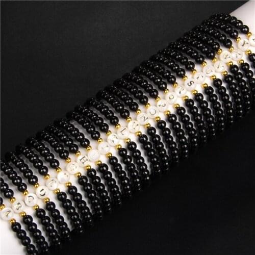 Handmade A-Z Letters Stone Bracelet for Women Men Couples Bracelets Jewelry 6mm Black Natural Beads Charm Bracelet Lovers Gifts