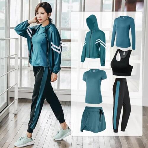 Quick Dry Running Women Yoga 4/5/6 Piece Set Fitness Gym Jacket+Bra+T Shirt+Shorts+Pants Sportswear Suits Outdoor Clothing