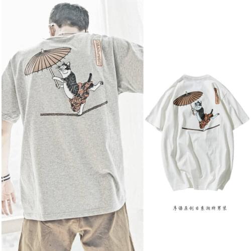 Cute Cotton Japan Style Ukiyo E Funny Samurai Cat TShirt Streetwear Mens Short Sleeve T-shirts Casual Hip Hop Print Tees Boys