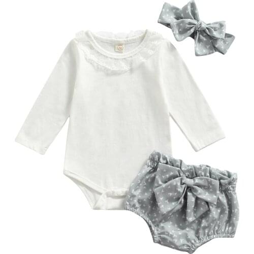 Clothes For Newborns Girl Sets Solid Color Long Sleeve Round Neck Lace Trim Romper Printed Shorts Headband Baby Girl Clothes