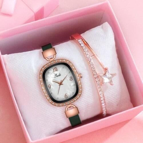 Women Bracelet Watches Set Casual Elegant Leather Oval Pearl Shell Dial Rhinestone Watch Gift Quartz Clock Relogio Feminino