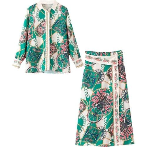 Set female 2019 fashion romantic print casual shirt positioning color matching half-length dress two-piece womens clothing