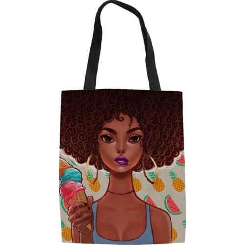 HaoYun Fashion Women Linen Bags African Girls Prints Patterner Girls Canvas Handbags Cartoon Afro Arts Design Shopping Bags